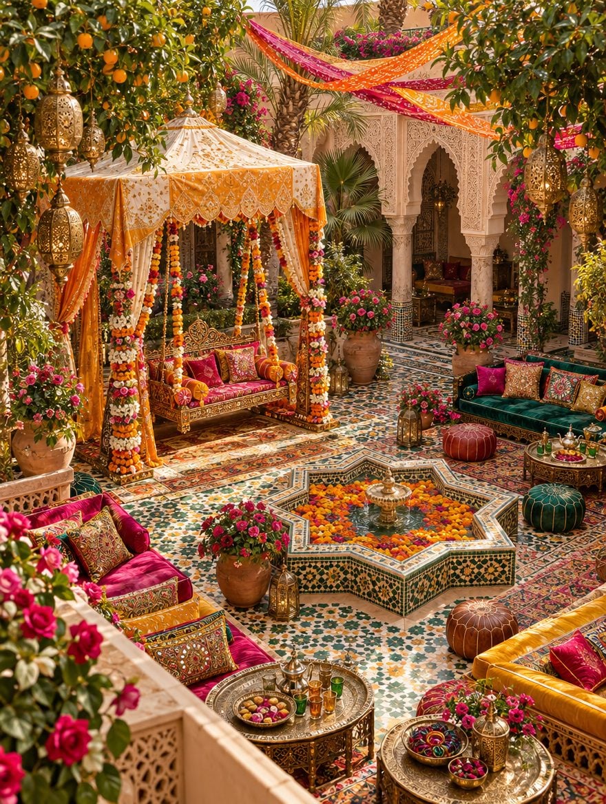 AI-generated design concept: a Mehendi afternoon under orange trees