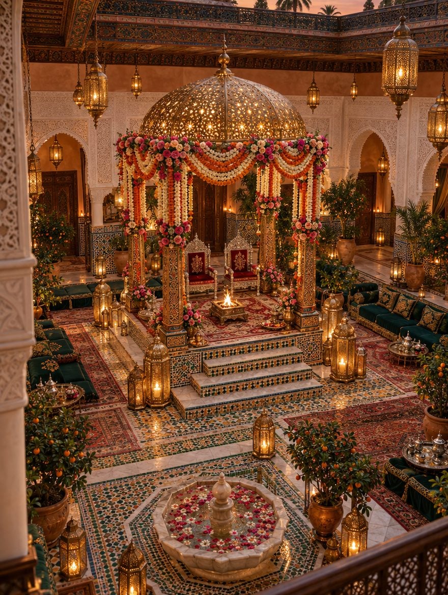 AI-generated design concept: a mandap prepared for the Pheras