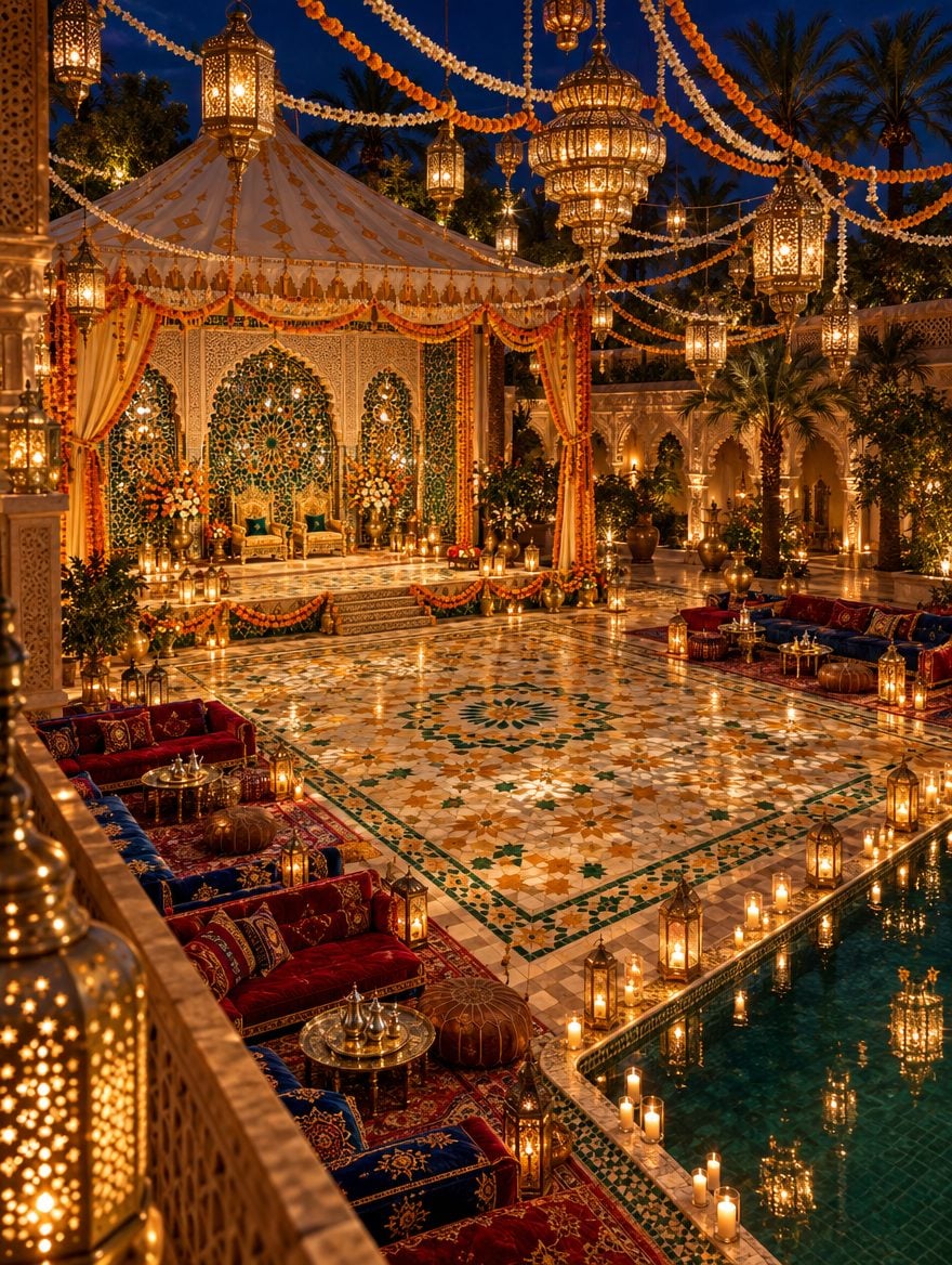 AI-generated design concept: a Sangeet stage at night