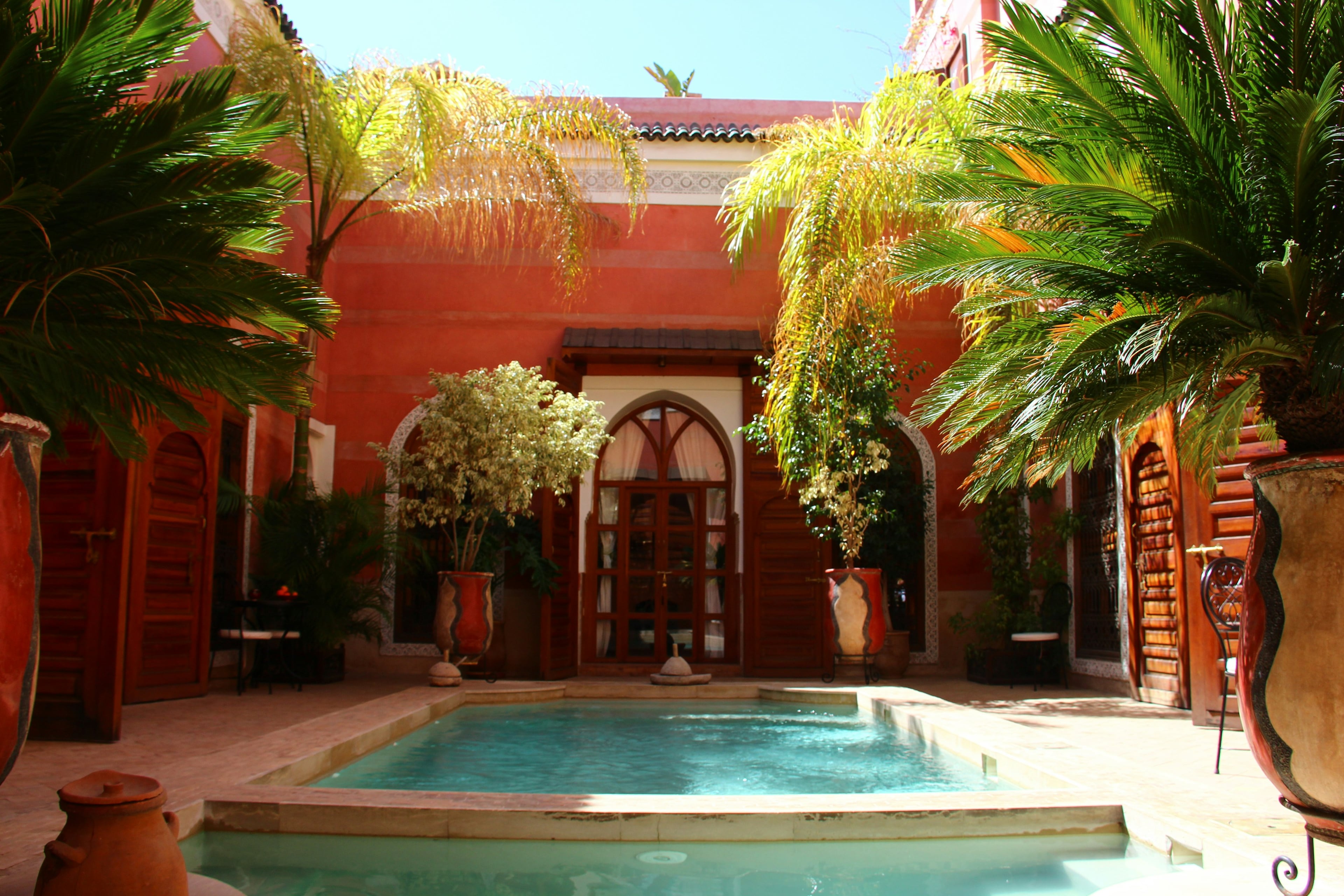 A pool in a riad garden framed by palm trees
